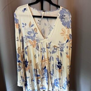 Free People Blue and White Pleated Blouse Tunic
